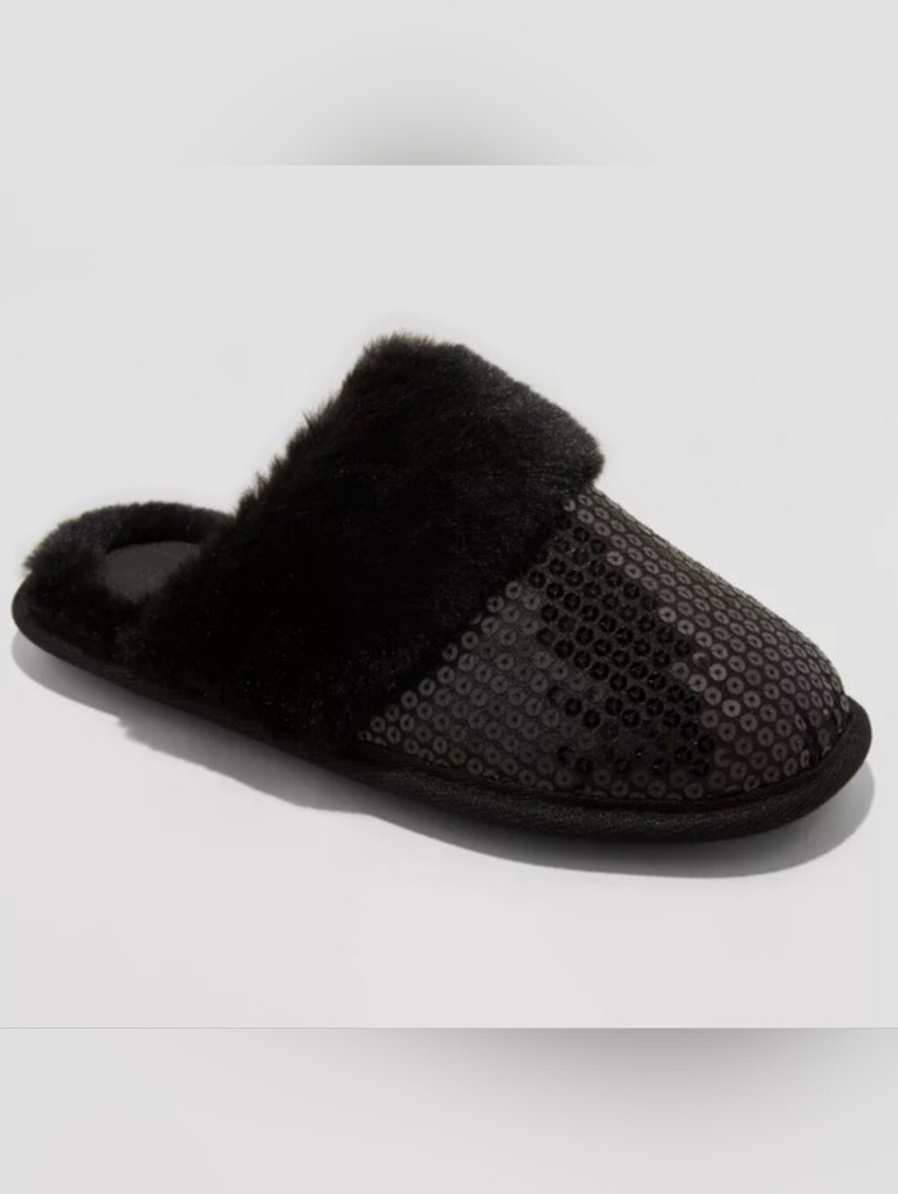 Auden Womens Rae Sequin Scuff Slippers Plush Faux-Fur Slip-On Black NWT